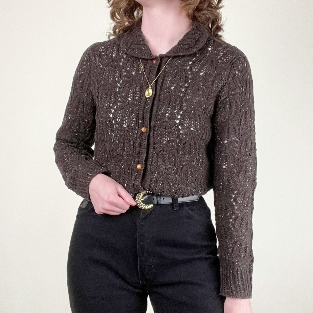 Vintage Wool Blend Cardigan Sweater Open Knit Cottagecore Rustic Cozy Romantic - Picture 6 of 9